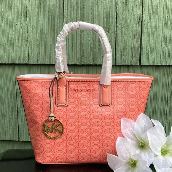 Michael Kors Jodie Small Logo Jacquard Tote Bag With Emblem Charm - Picture 1 of 11